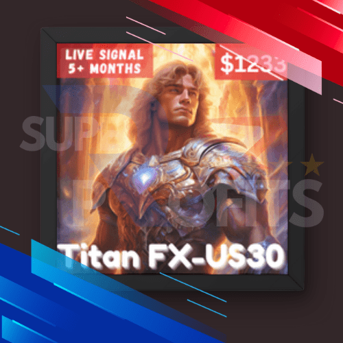 Diamond Titan FX MT4 EA software box with a heroic golden titan warrior showing live trading signals and high profits on the US30 index.