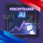 Perceptrader AI MT4 product logo with robotic hand touching trend line Super Profits watermark 5 star rating purple blue neon design