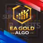 EA Gold Algo MT4 official logo golden hexagon shield with growth chart arrow and five star rating on dark background with super profits text
