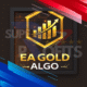 EA Gold Algo MT4 official logo golden hexagon shield with growth chart arrow and five star rating on dark background with super profits text