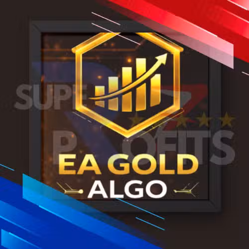 EA Gold Algo MT4 official logo golden hexagon shield with growth chart arrow and five star rating on dark background with super profits text