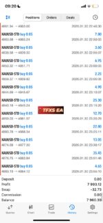 TFXS Titan Ultimate EA MT5 live mobile trading results showing profitable XAUUSD gold trades with 0.05 lot size, profits ranging 2.25 to 35.45 dollars, total profit 7993 dollars balance 7960 dollars on MT5 app