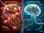 TFXS Titan Ultimate EA MT5 algorithmic logic infographic comparing human emotions brain with dopamine spikes and stress versus AI robotic brain showing execute pause criteria, 65 percent win rate, risk reward 1 to 3, steady compounding chart