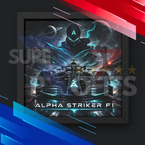 Alpha Striker F1 EA MT5 product logo futuristic F1 car with hooded figure cosmic background planets neon blue lighting Super Profits watermark 5 star rating