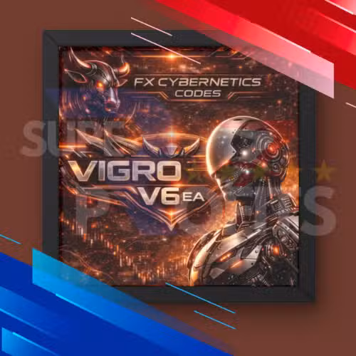 VIGRO PRO V6 MT4 framed poster with Super Profits watermark decorative red blue diagonal stripes FX Cybernetics Codes branding futuristic metallic desig
