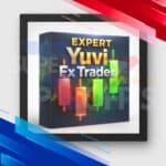 Official 3D box art for the Expert Yuvi FX Trader EA MT5 showing glowing green and red trading candles for gold scalping.