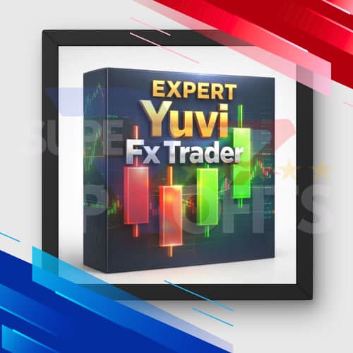 Official 3D box art for the Expert Yuvi FX Trader EA MT5 showing glowing green and red trading candles for gold scalping.