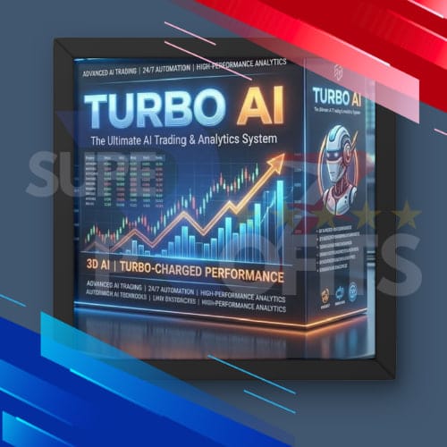 Official 3D software box cover for the Turbo AI EA MT5 featuring advanced AI analytics and algorithmic trading graphs.