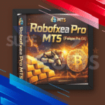 RoboFXEA Pro MT5 FALQON PRO EA software box featuring a robotic hand grasping physical gold bars and a Bitcoin.
