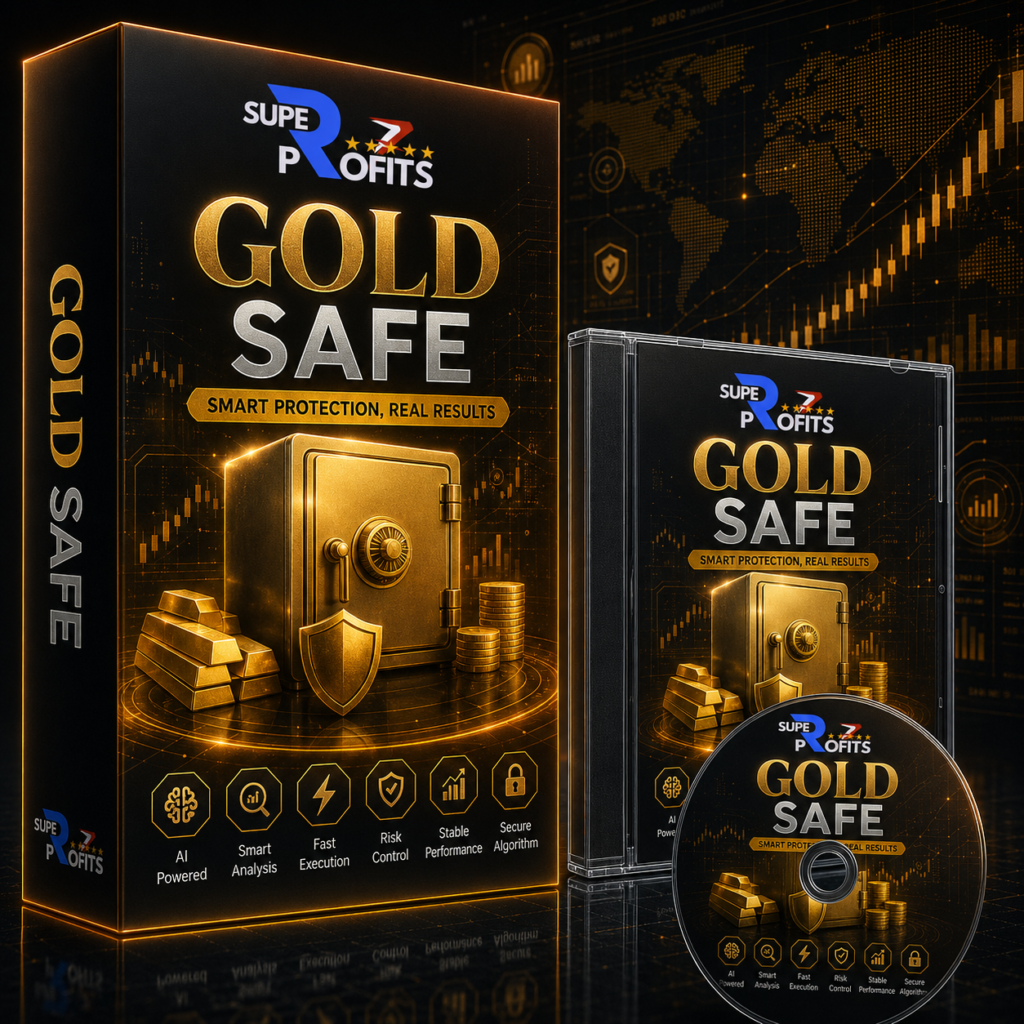 Gold Safe EA MT4 product box packaging featuring a golden security vault, shields, gold bars, and digital branding against a dark map background