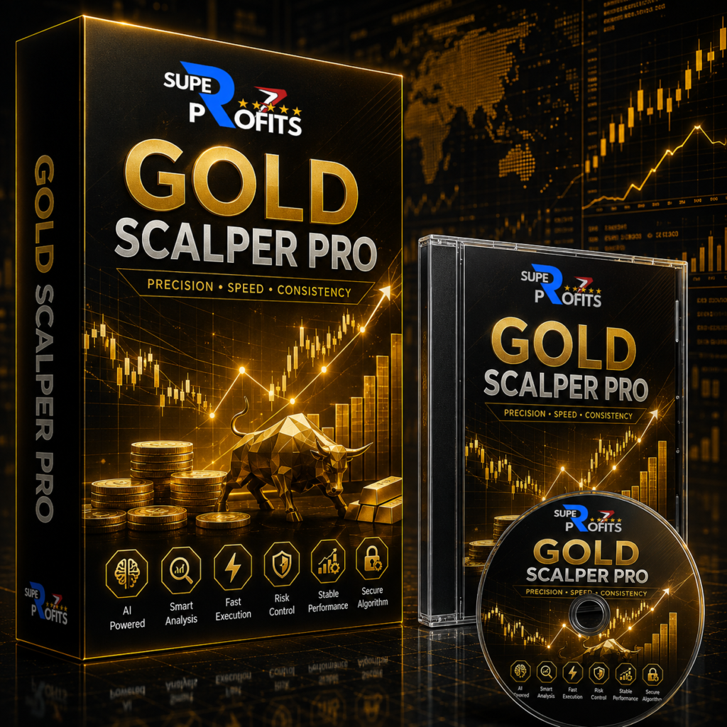 Gold Scalper Pro EA MT4 product box packaging featuring a gold bull statue, financial charts, and digital branding against a dark map background