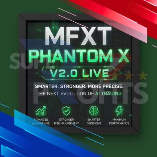 MFXT Phantom X EA MT5 expert advisor executing automated gold positions on a MetaTrader 5 chart.
