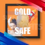 Official promotional product graphic displaying a golden security vault and rocket design for Gold Safe EA MT4.