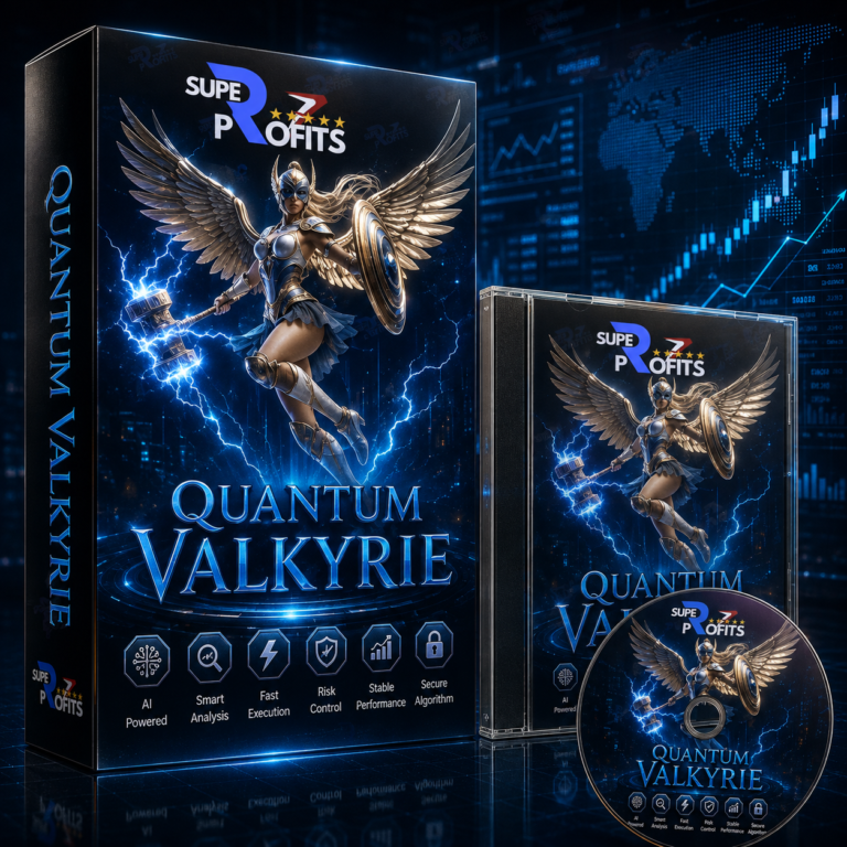 Quantum Valkyrie EA MT5 product box packaging featuring a powerful armored valkyrie warrior, glowing blue lightning, and digital branding against a dark map background