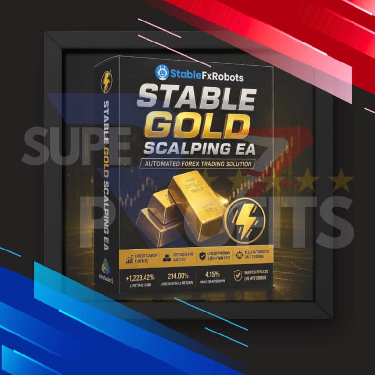 Stable Gold Scalping EA MT5 professional boxed product design featuring gold bullion bars.