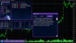 Complex visual trading interface of Perceptrader AI Bot MT5 attached to an active multi currency AUDCAD M5 chart layout