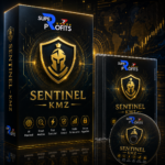 Sentinel KMZ EA MT5 product box packaging featuring a dark gold Spartan shield, electronic circuitry lines, and financial chart motifs