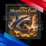 Sharkyra Gold EA MT5 official promo cover design featuring a futuristic great white shark catching gold bars