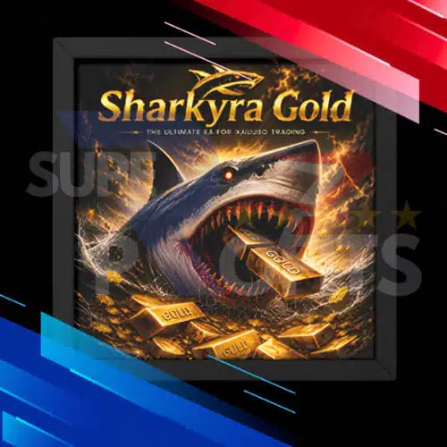 Sharkyra Gold EA MT5 official promo cover design featuring a futuristic great white shark catching gold bars