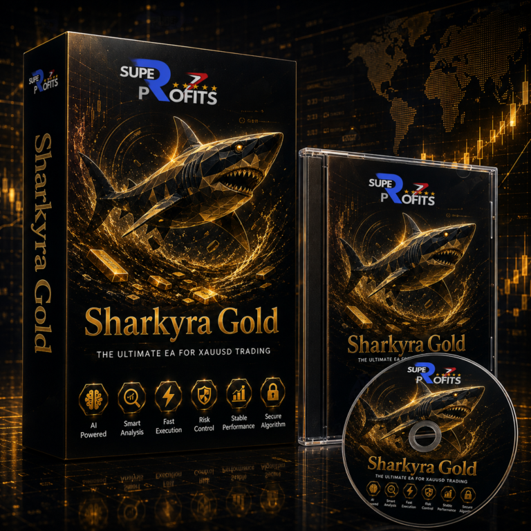 Sharkyra Gold EA MT5 product box packaging featuring a fierce golden mechanical shark and glowing gold bars against a dark financial chart background