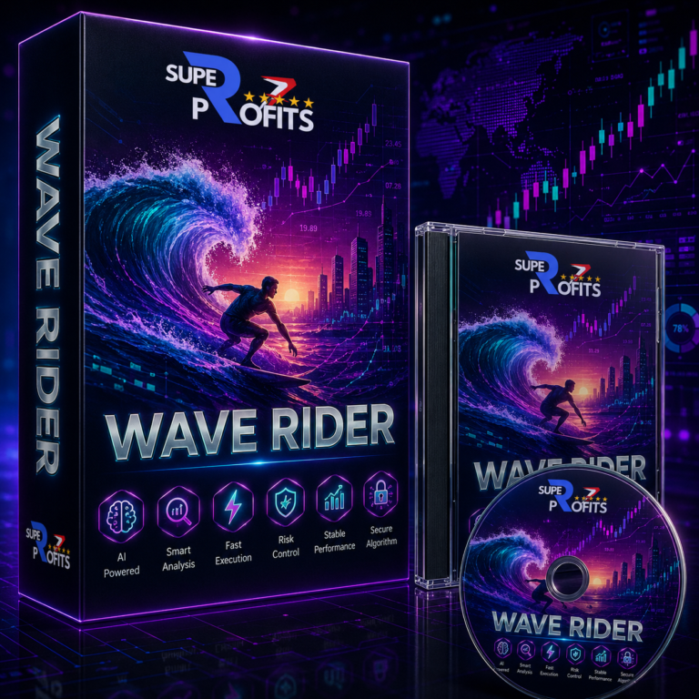 wave rider ea mt5 product box packaging featuring a dramatic ocean wave sunset cityscape and financial chart graphics against a dark background