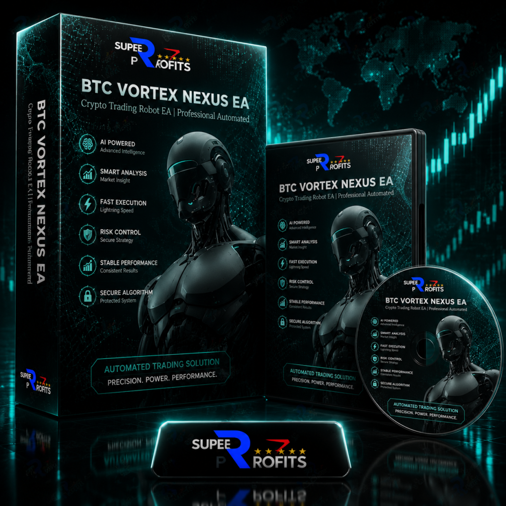 BTC Vortex Nexus EA MT5 product box display showcasing crypto trading features and futuristic robotic design