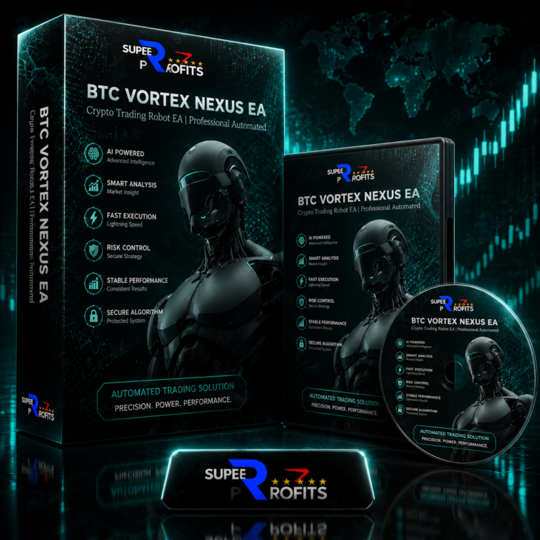 BTC Vortex Nexus EA MT5 product box display showcasing crypto trading features and futuristic robotic design