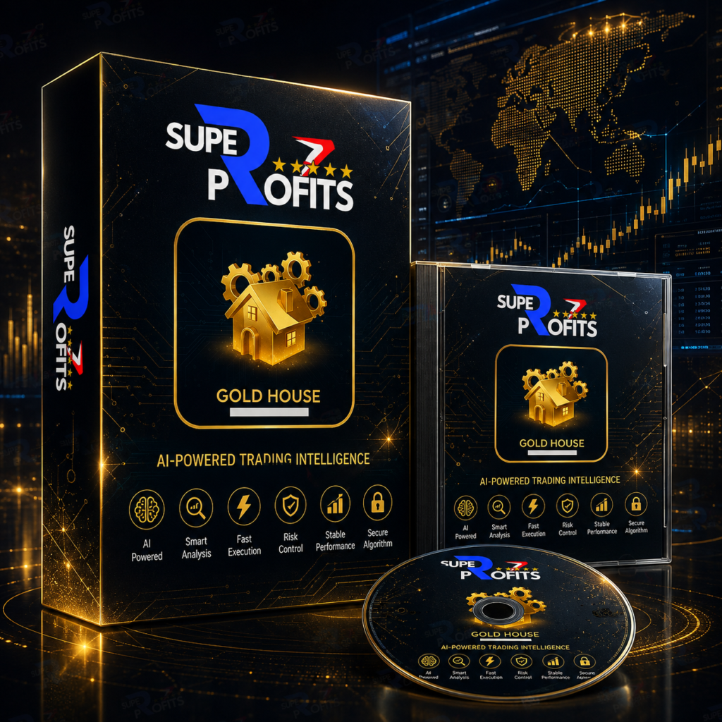 Gold House EA MT5 product box display showcasing gold house emblem, gears, and advanced trading intelligence