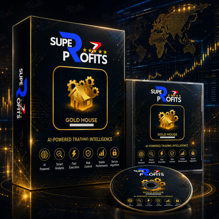 Gold House EA MT5 product box display showcasing gold house emblem, gears, and advanced trading intelligence