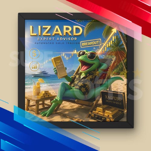 Lizard EA MT5 official artwork featuring a relaxed lizard trading gold on the beach