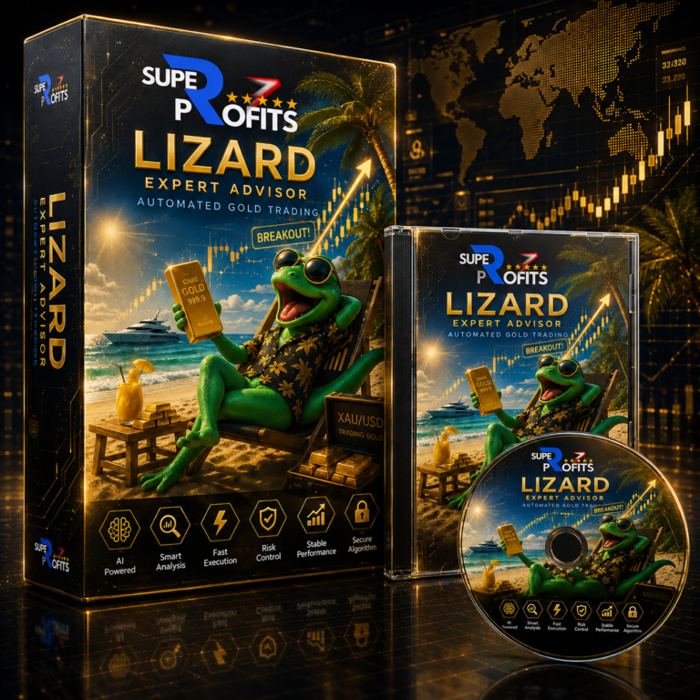 Lizard EA MT5 product box display showcasing vacationing frog mascot holding gold bullion bar and beach accessories