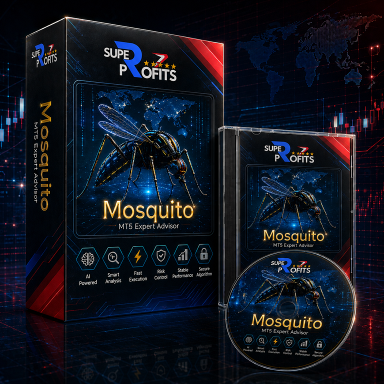 Mosquito EA MT5 product box display showcasing mechanical robotic mosquito mascot against a red digital trading background