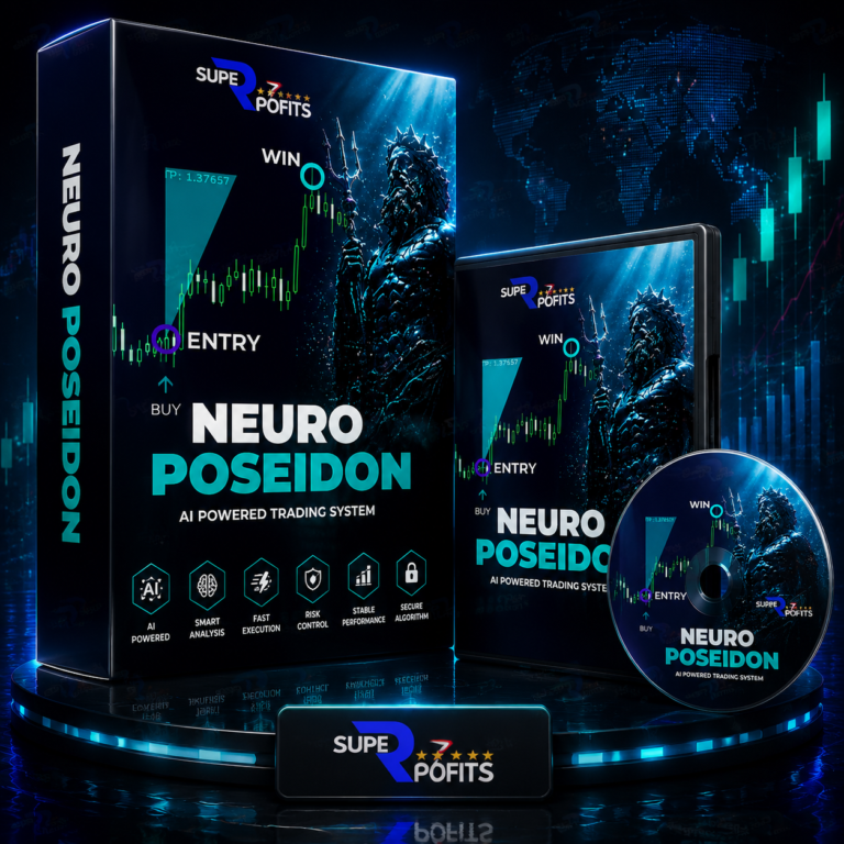 Neuro Poseidon Indicator MT4 product box display showcasing AI-powered market analysis and mythological god aesthetic