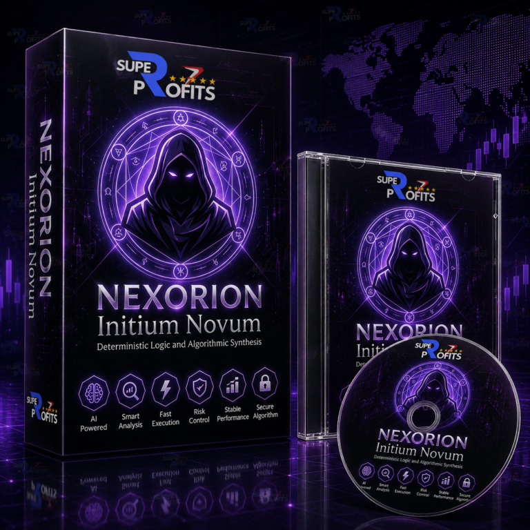 Nexorion Initium Novum product box display showcasing a dark mysterious hooded figure with glowing purple magical runes against a digital chart background