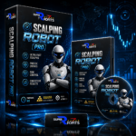 Scalping Robot Pro EA MT5 product box display showcasing ultra-fast gold scalping features and futuristic robotic design