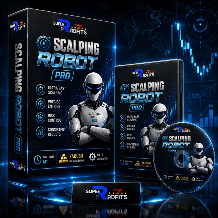 Scalping Robot Pro EA MT5 product box display showcasing ultra-fast gold scalping features and futuristic robotic design