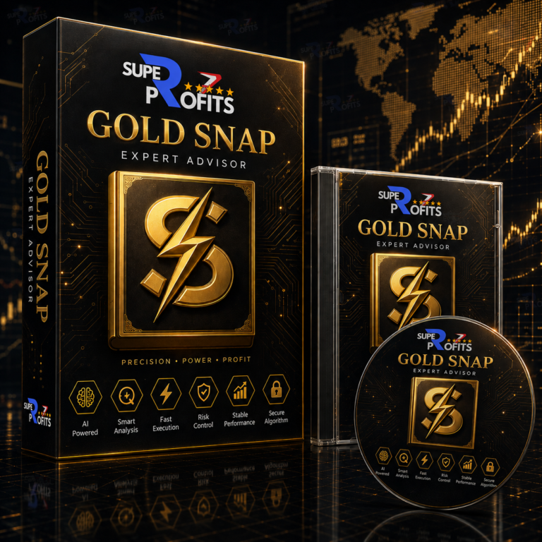 Snap Gold EA MT5 software packaging box featuring a metallic gold book design with a lightning dollar symbol against a dark chart backdrop
