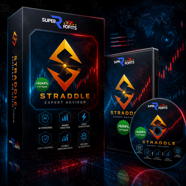 Straddle EA MT5 product box display showcasing gold breakout features and futuristic cyberpunk design