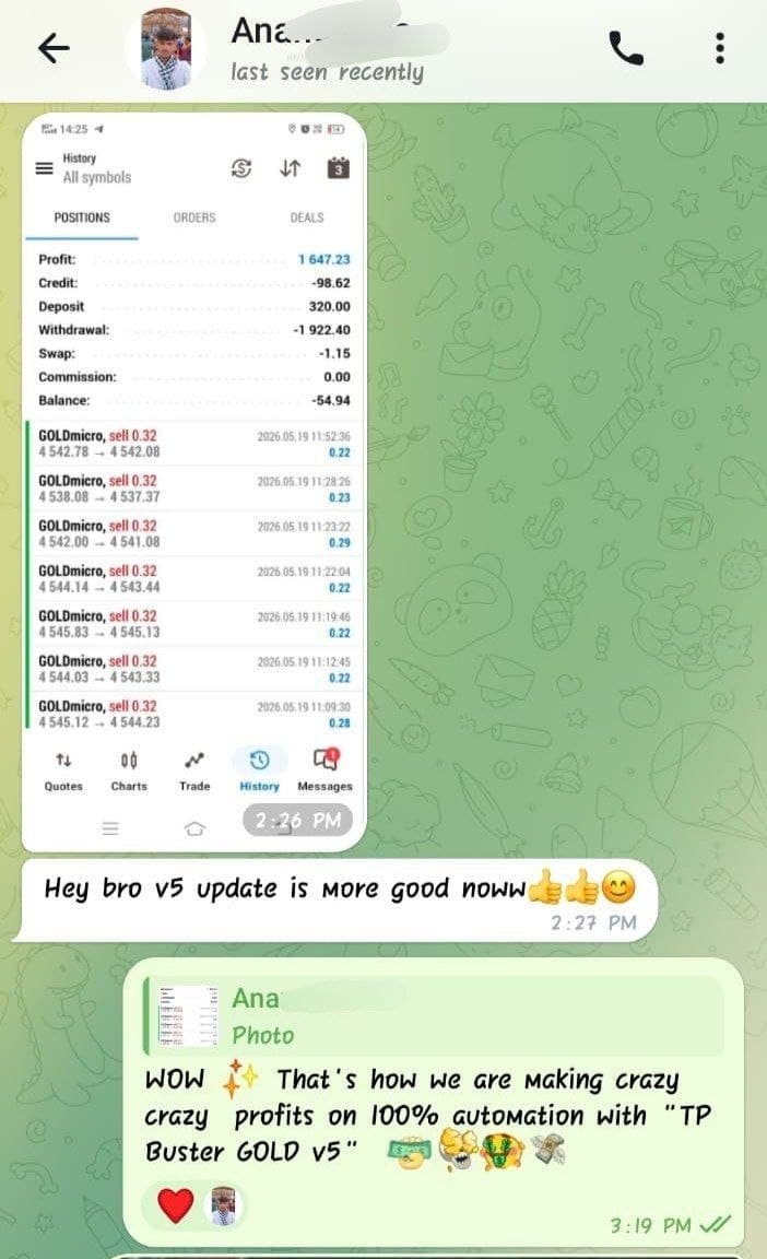 TP BUSTER GOLD MT5 v5 2 Telegram user testimonials showcasing high returns using the TP BUSTER GOLD MT5
