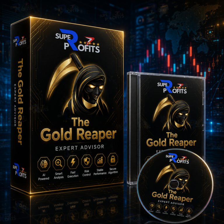 The Gold Reaper MT5 product box display showcasing a golden reaper mascot and lightning elements against a dark trading chart background