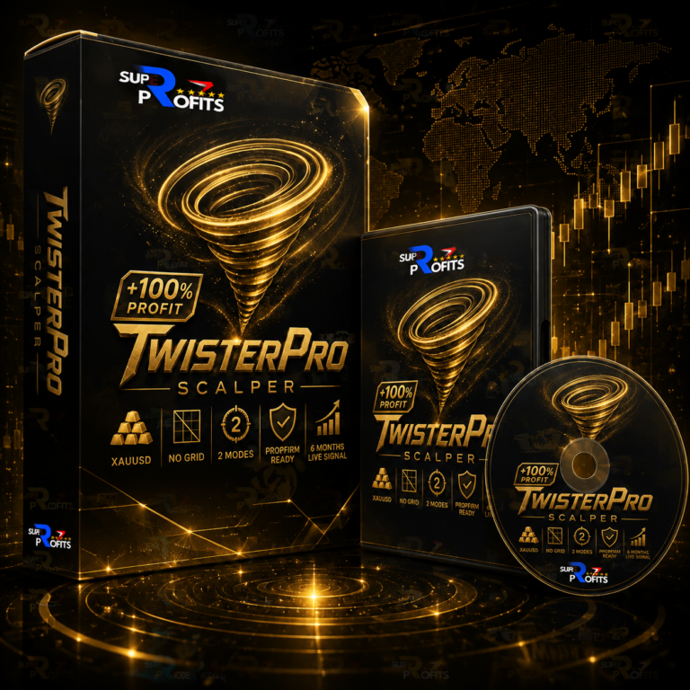 TwisterPro Scalper EA MT5 product box display highlighting gold scalping features and dual modes