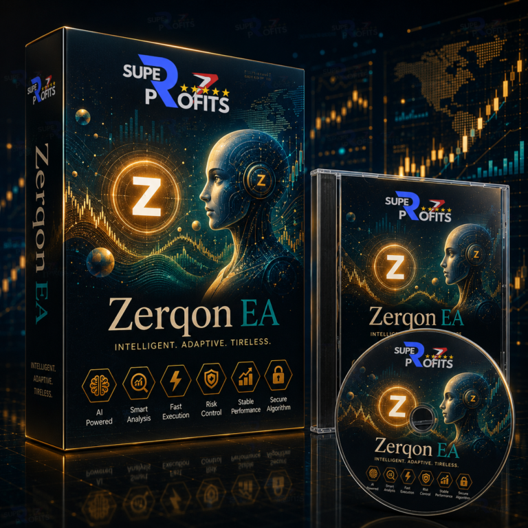 Zerqon EA MT5 product box packaging featuring a futuristic cyborg head silhouette with glowing golden neural network accents against a dark financial chart background