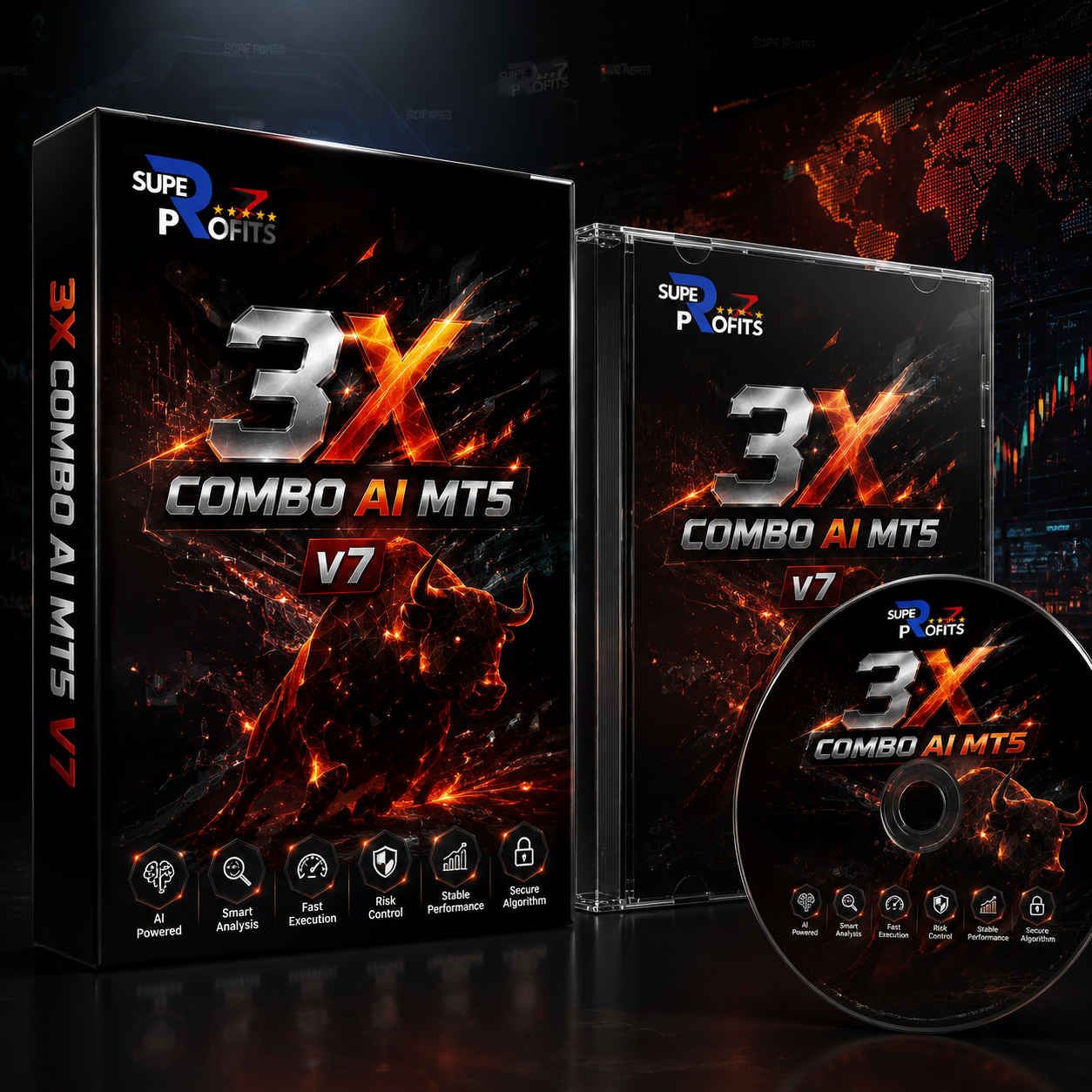 3X Combo AI EA MT5 (1) 3X Combo AI EA MT5 v7 premium boxed software and digital media featuring a fiery bull graphic for MetaTrader 5 trading.