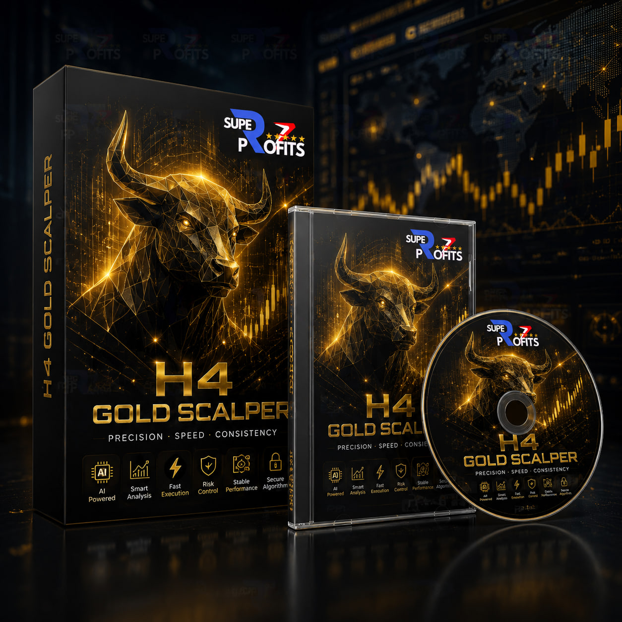 H4 Gold Scalper Bot MT5 (2) H4 Gold Scalper Bot MT5 software packaging box featuring a golden bull and precision analytics branding